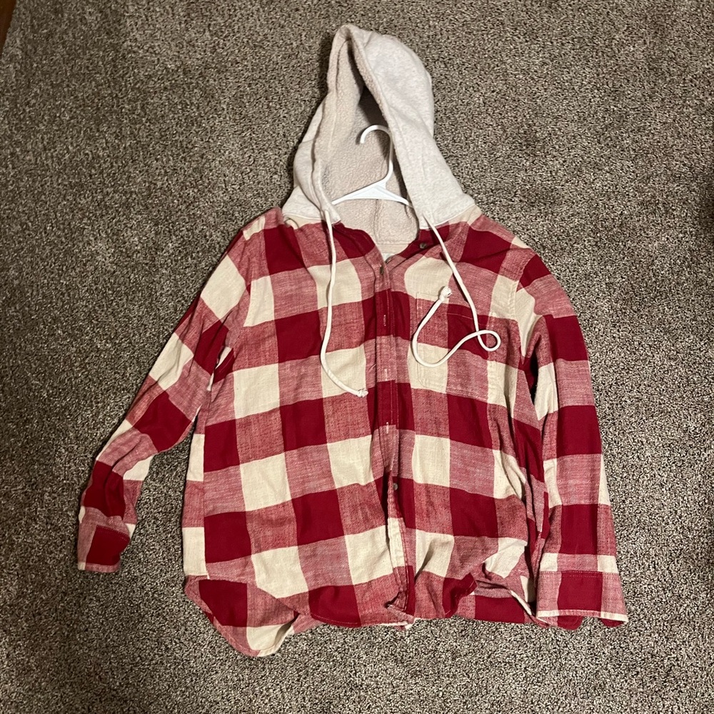 American Eagle Outfitters Red and Cream Plaid Hoodie, Sherpa Hoodie